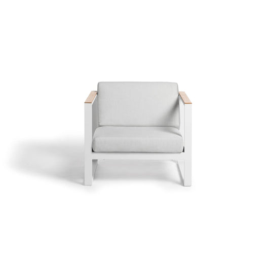 Aluminum Single-Seat Sofa – White Frame, Taupe Cushions, Thin Teak Armrests | Moss & Timber