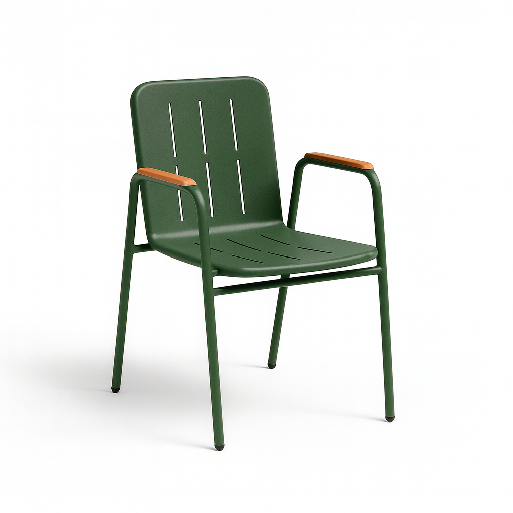 Dining Armchair Aluminum – Black / Green with Teak Armrest | Moss & Timber