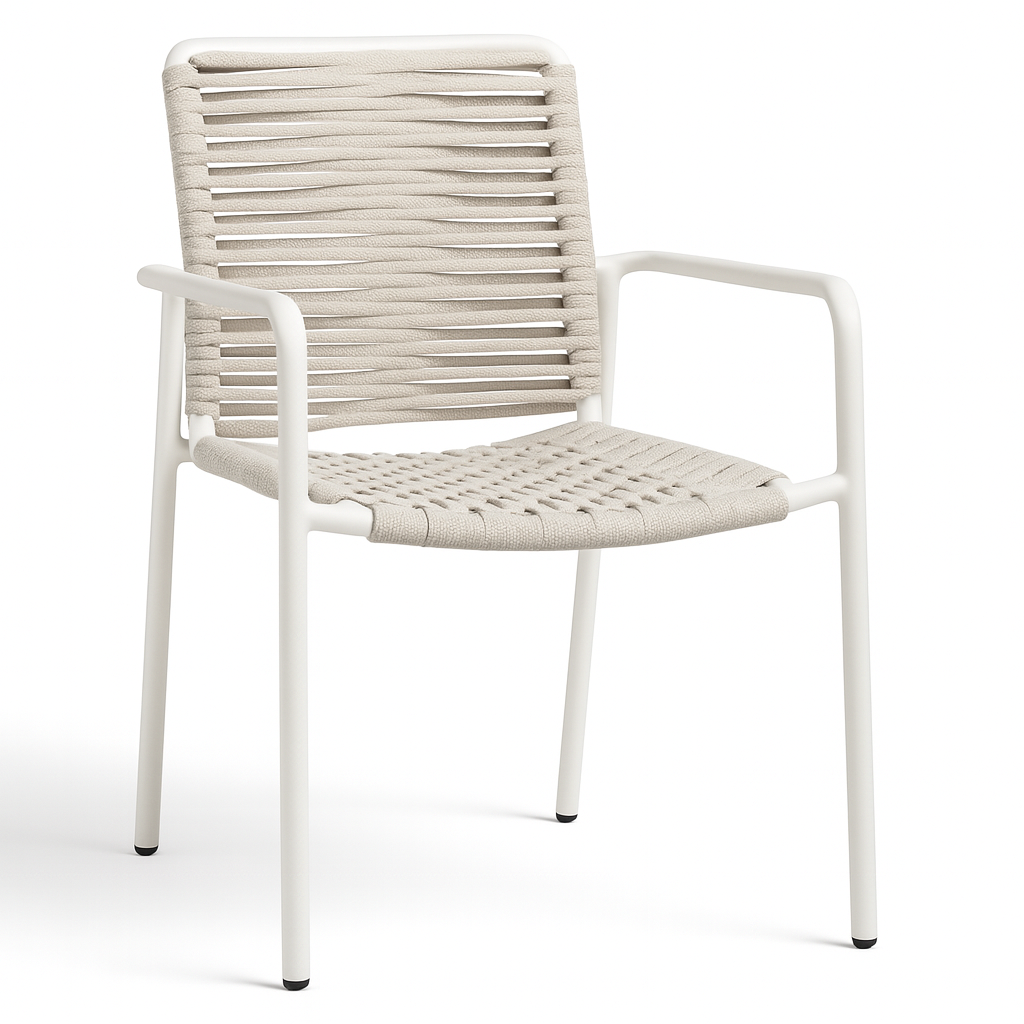 Dining Armchair – Rope & Aluminum  – White Frame with Beige Woven Seat | Moss & Timber