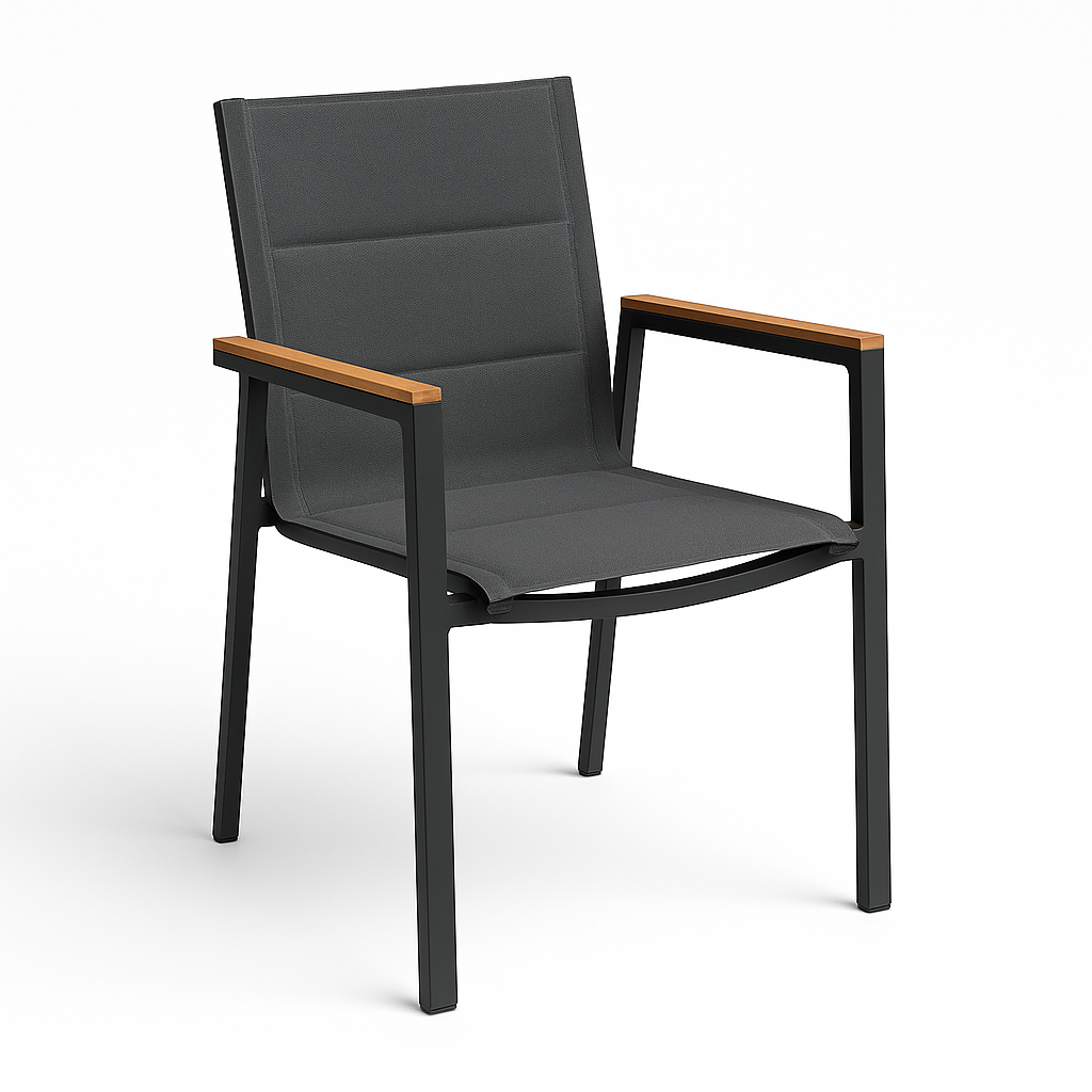 Dining Armchair Aluminum & Sling Stacking – With Teak Armrests | White & Lava Options | Moss & Timber