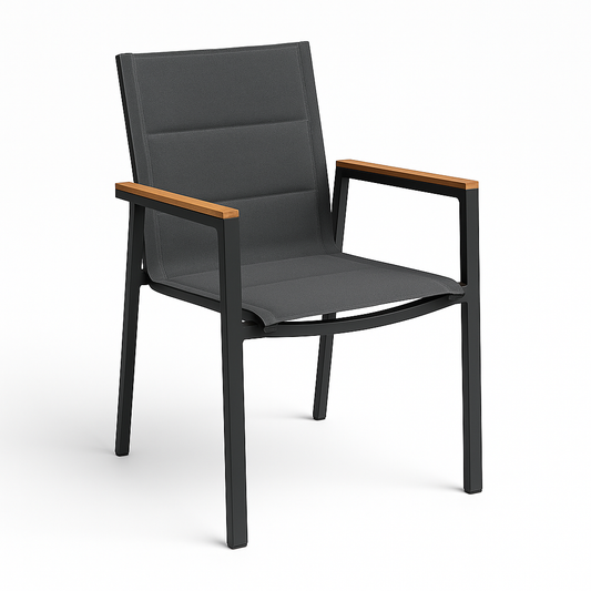 Dining Armchair Aluminum & Sling Stacking – With Teak Armrests | White & Lava Options | Moss & Timber