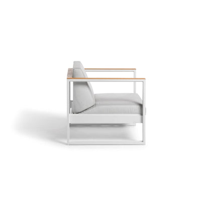 Aluminum Single-Seat Sofa – White Frame, Taupe Cushions, Thin Teak Armrests | Moss & Timber