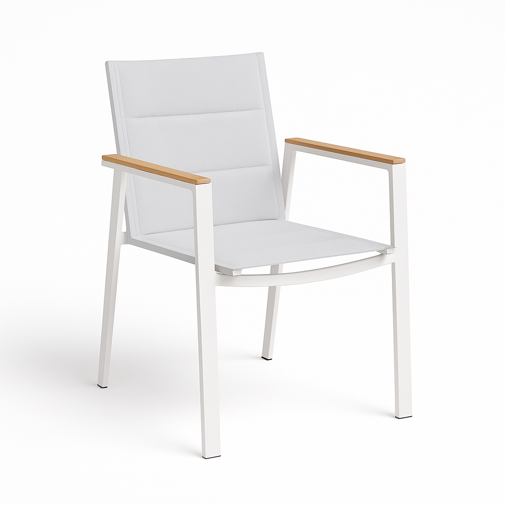 Dining Armchair Aluminum & Sling Stacking – With Teak Armrests | White & Lava Options | Moss & Timber