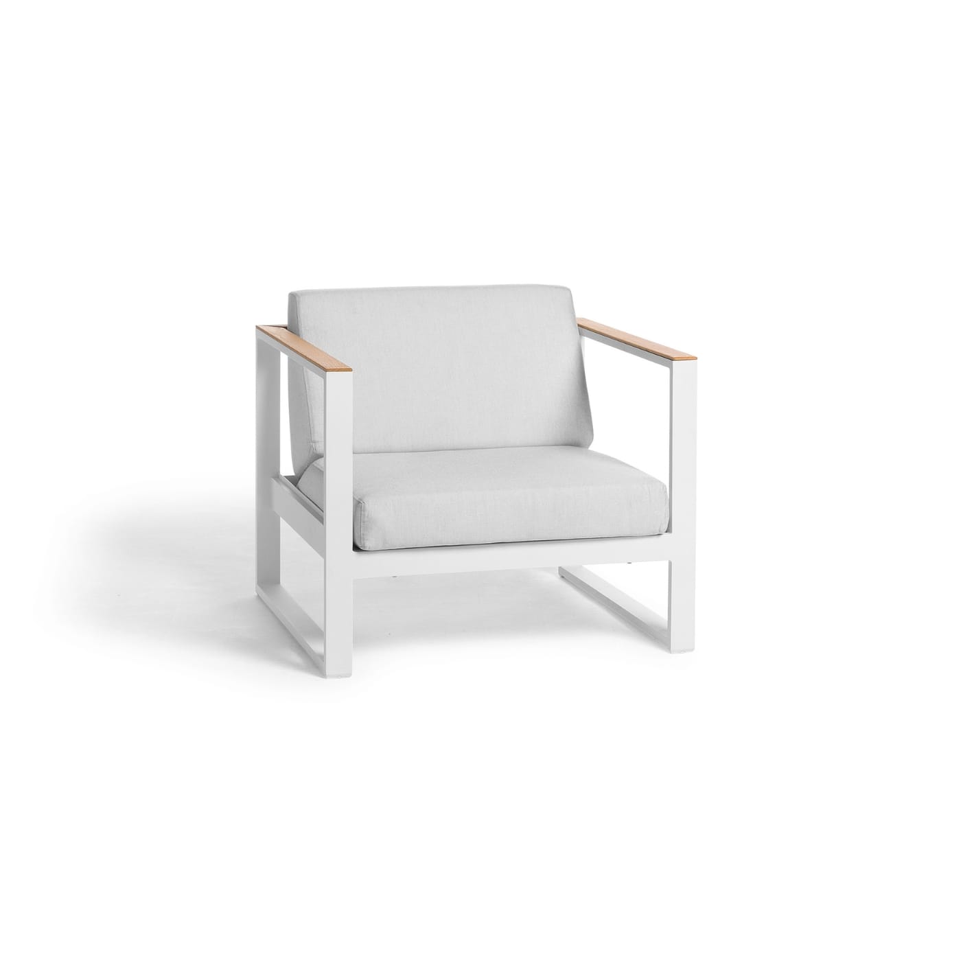 Aluminum Single-Seat Sofa – White Frame, Taupe Cushions, Thin Teak Armrests | Moss & Timber