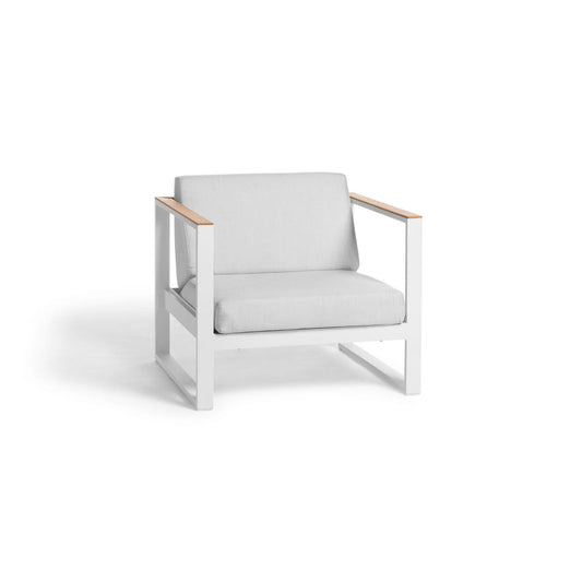 Aluminum Single-Seat Sofa – White Frame, Taupe Cushions, Thin Teak Armrests | Moss & Timber